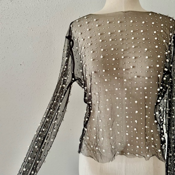 white birch Tops - WHITE BIRCH Pearl Beaded Long Sleeve Mesh Top Sheer Black Women's Size Large L